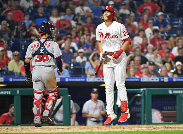 Alec Bohm is called out on strikes against Washington in July.